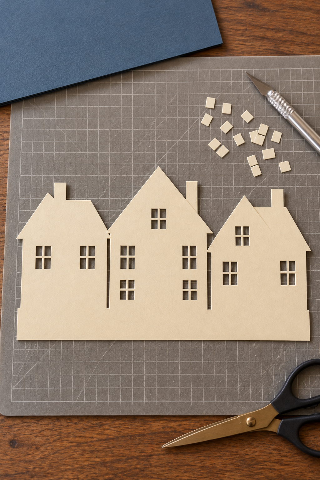 Cut ivory house skyline with open windows and a connected base on a cutting mat.