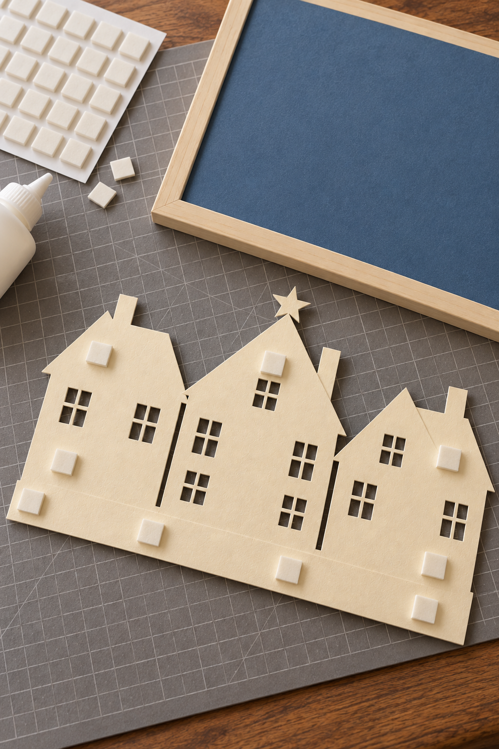 Foam spacer pads on the back of an ivory paper village beside a blue frame backing.