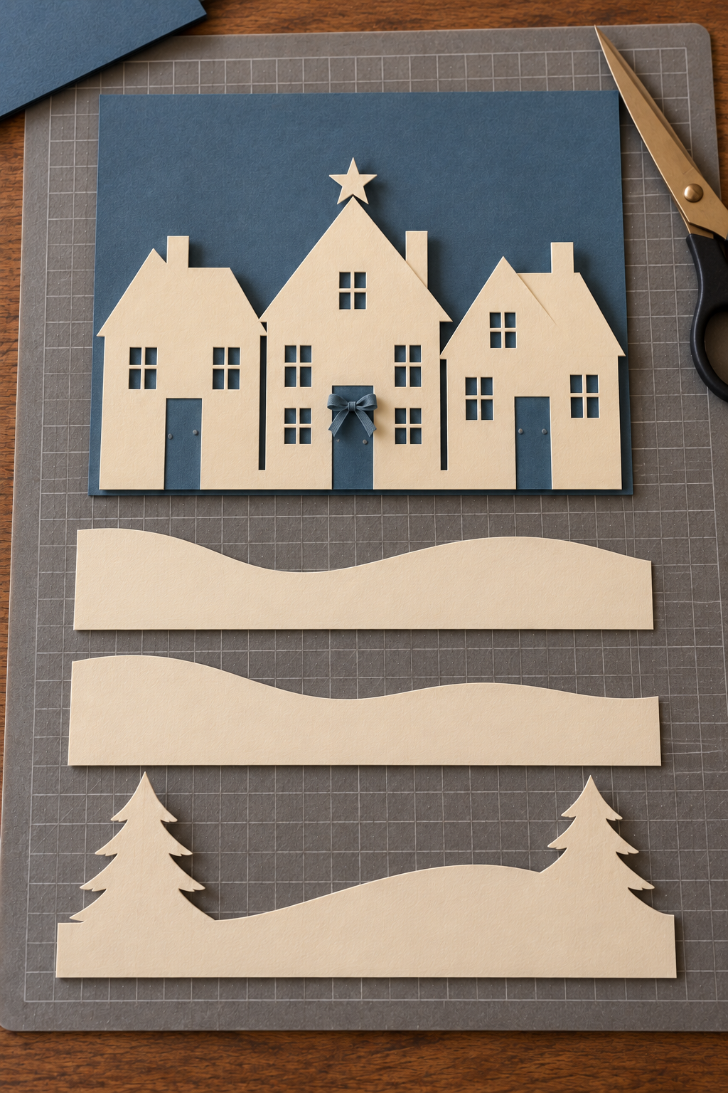 Three ivory snow strips, including one with connected trees, below a blue paper village.