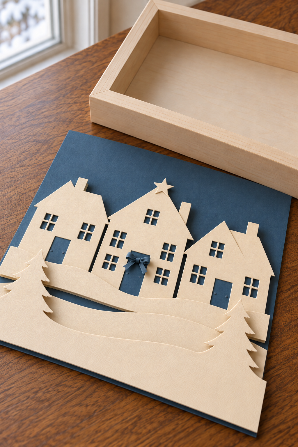 Connected tree-and-snow paper layer and roof-glued star in an open village shadow-box assembly.