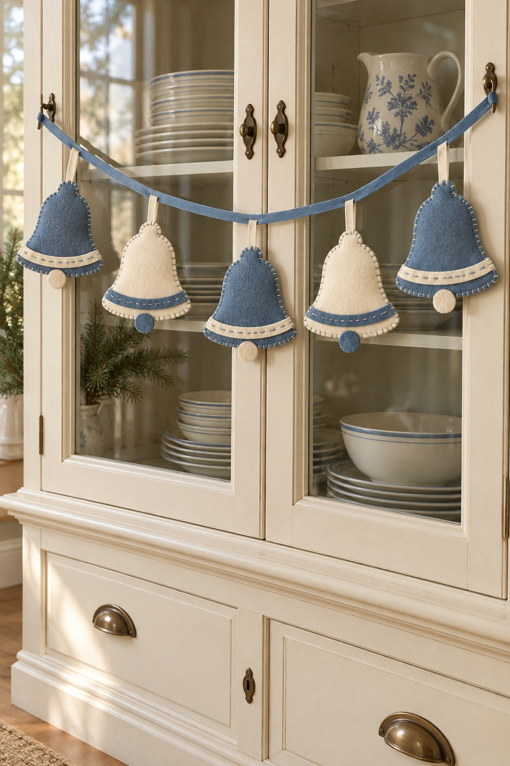 Blue and ivory felt Christmas bells hang from ribbon across a cream glass-front cabinet.