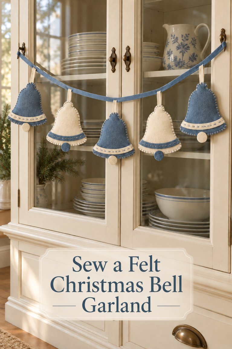 Blue and ivory felt Christmas bells hang from ribbon across a cream glass-front cabinet.