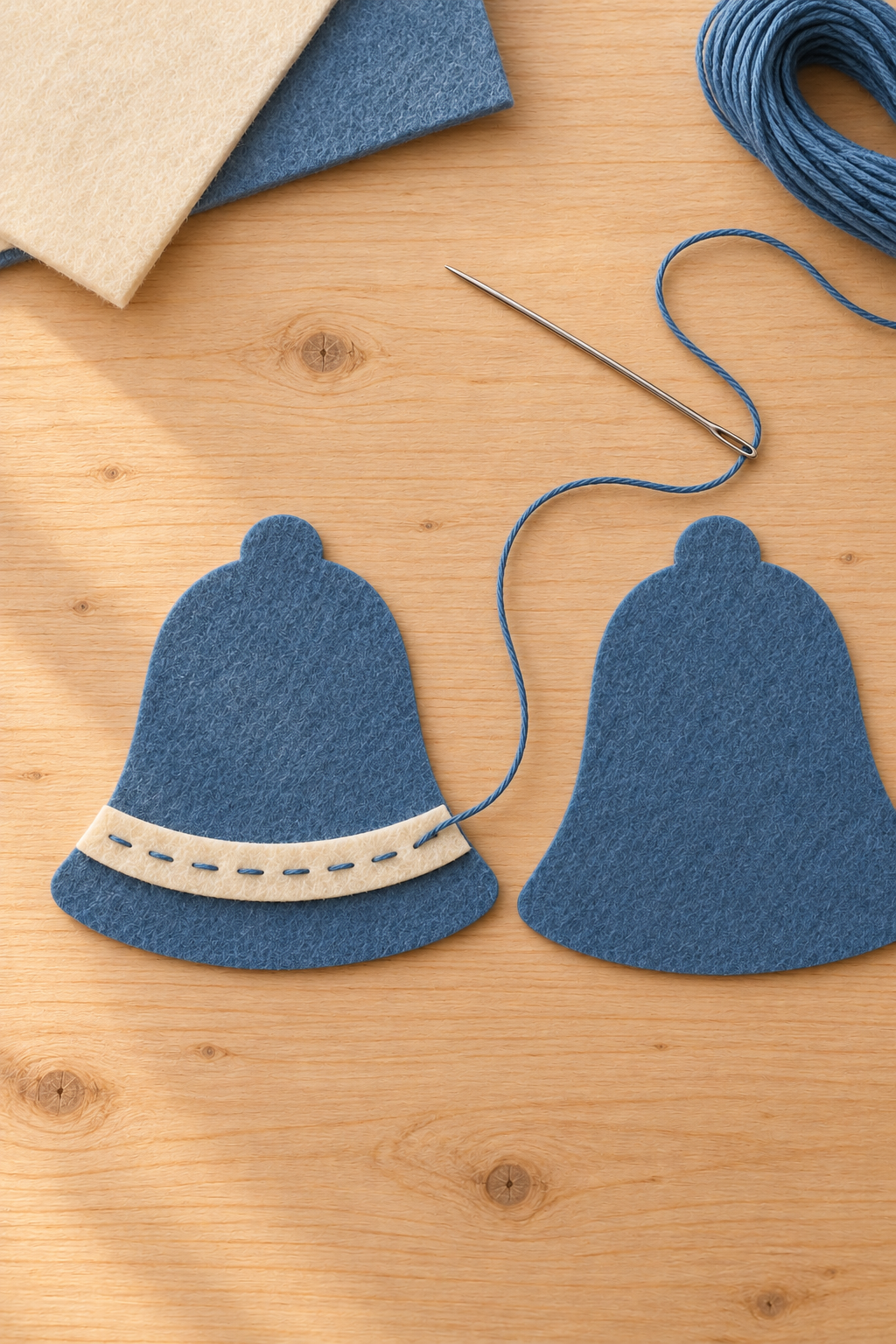 Blue running stitches secure an ivory band to one felt bell front beside its plain back.