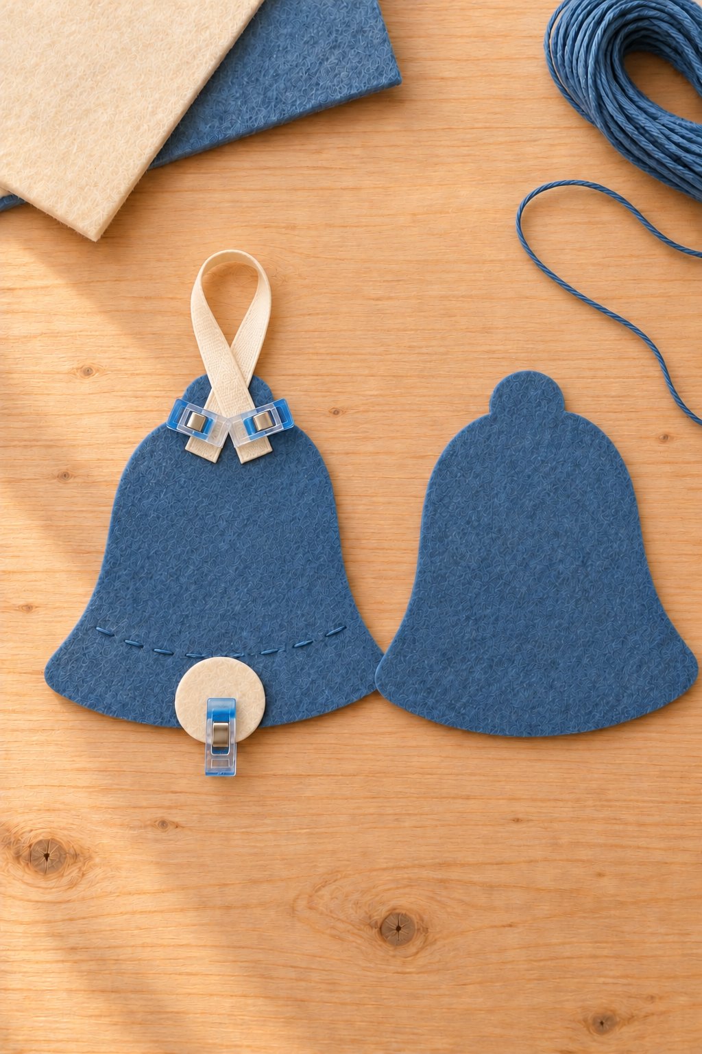 Ivory ribbon ends and a felt clapper overlap a blue bell back, held with sewing clips.