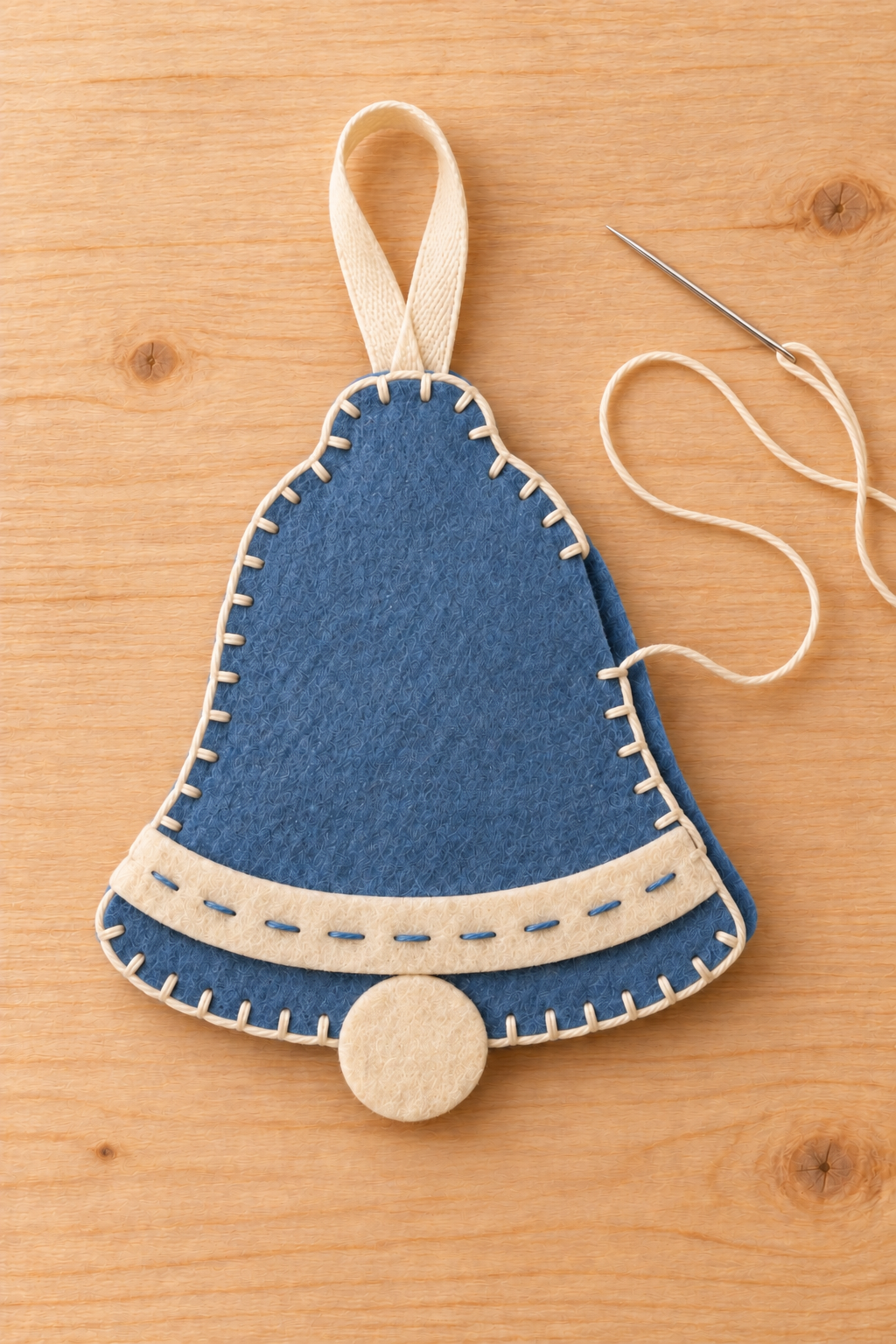 Ivory blanket stitching joins blue felt bell layers beside a threaded needle.
