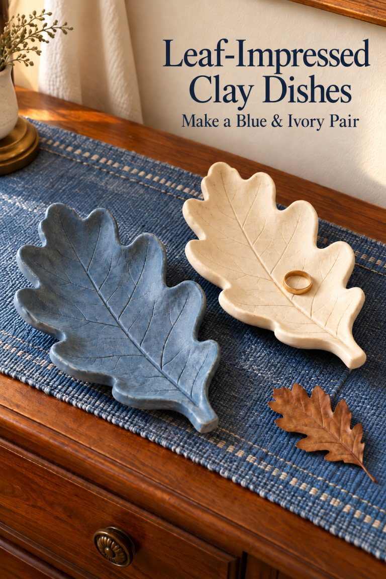 Blue and ivory oak-leaf clay dishes with impressed veins on a woven dresser runner.