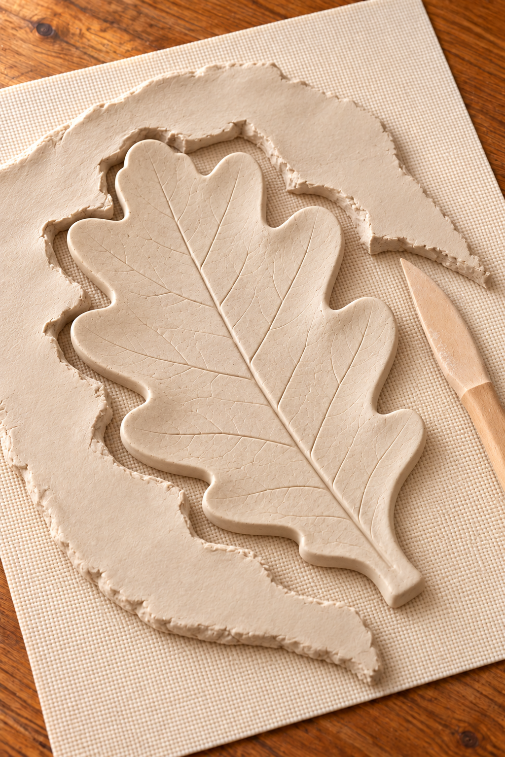Vein-impressed oak-leaf clay cutout with removed scraps and a small clay cutting tool.