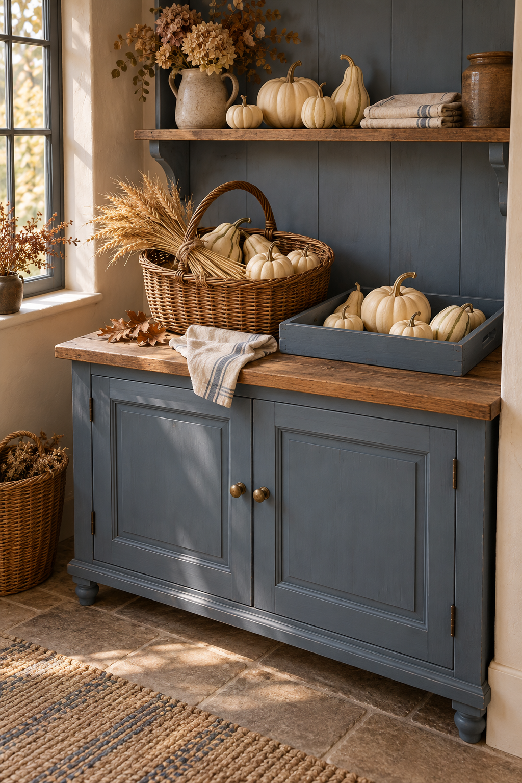 Ivory pumpkins in a basket and blue tray on a blue pantry cupboard beside a window.