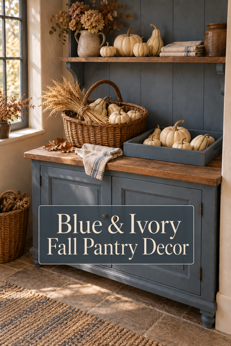 Ivory pumpkins in a basket and blue tray on a blue pantry cupboard beside a window.