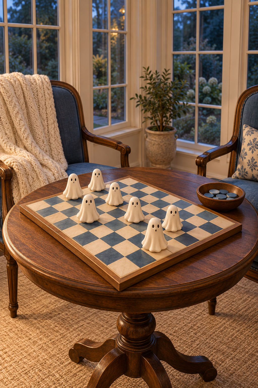 Ivory ghost figures on a blue checkerboard, with blue chairs and an ivory throw nearby.