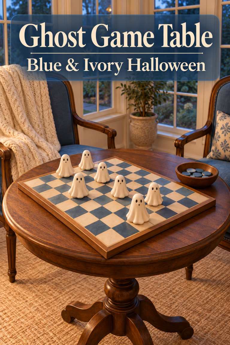 Ivory ghost figures on a blue checkerboard, with blue chairs and an ivory throw nearby.