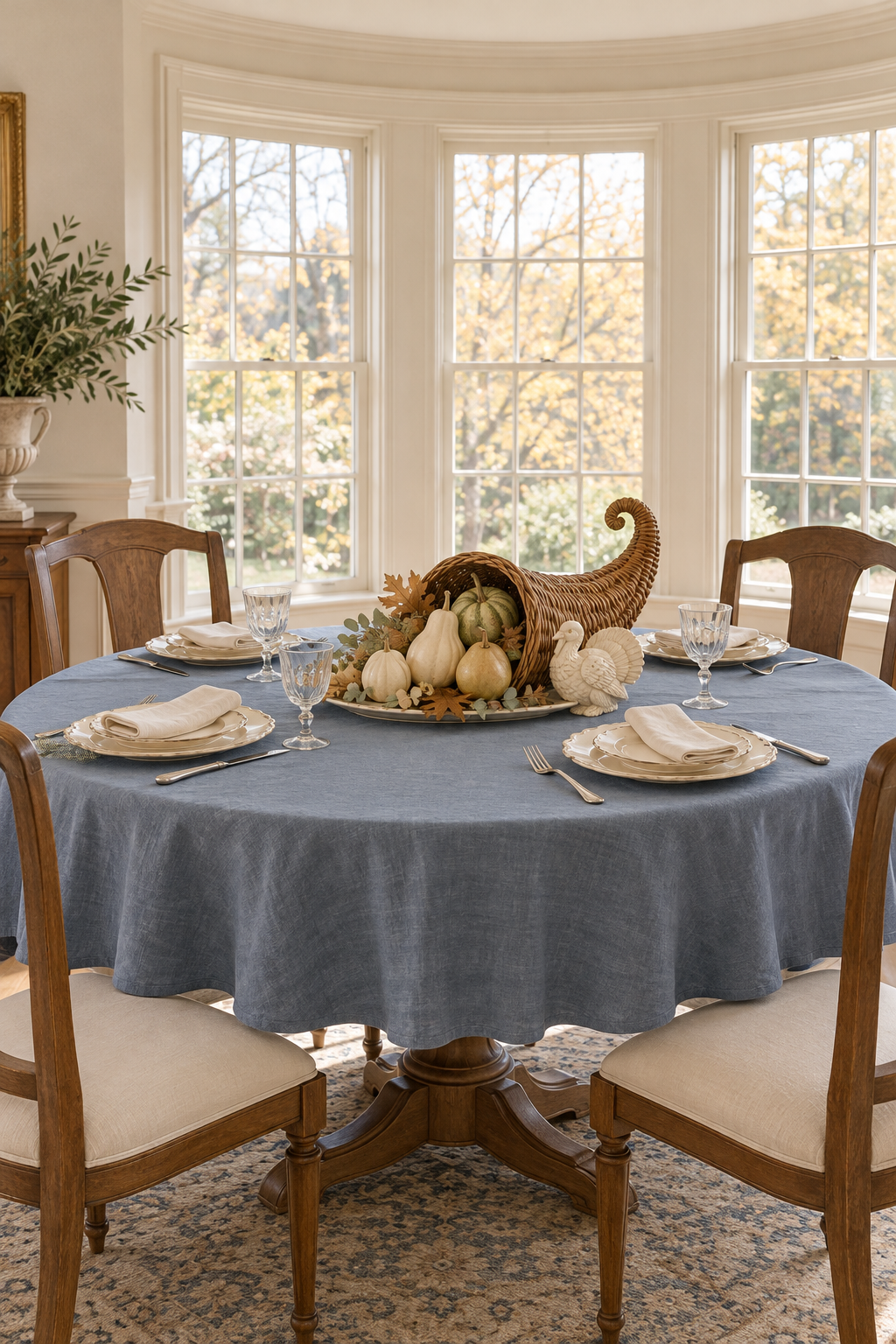 Blue round Thanksgiving table with ivory settings, a woven cornucopia and turkey accent.