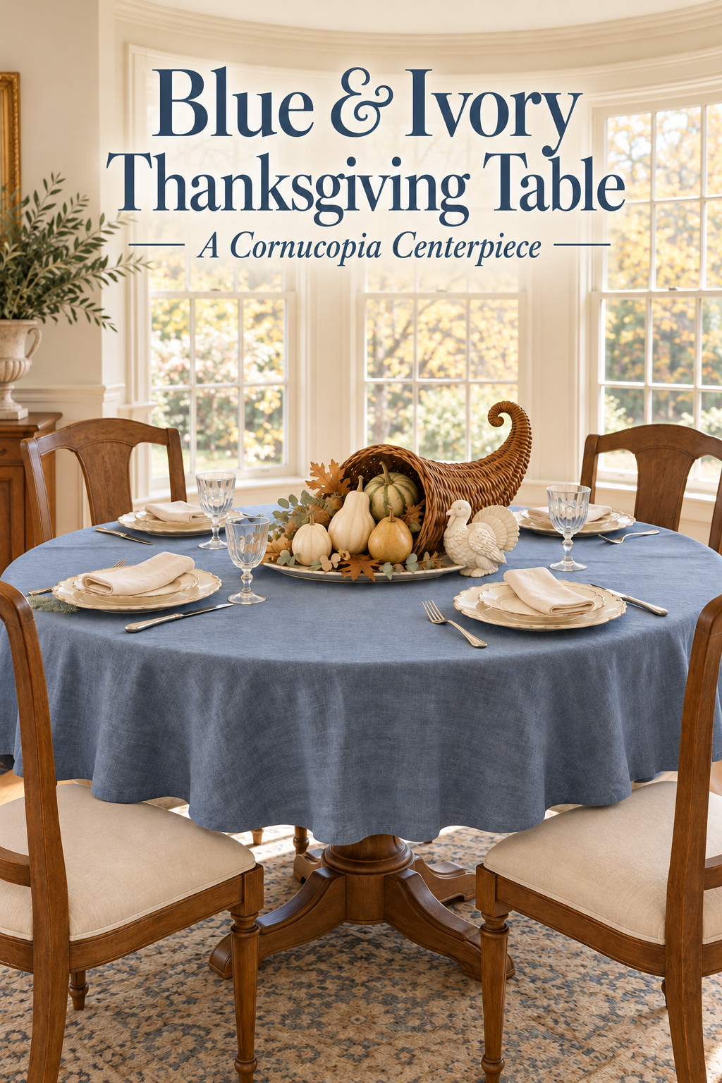 Blue round Thanksgiving table with ivory settings, a woven cornucopia and turkey accent.