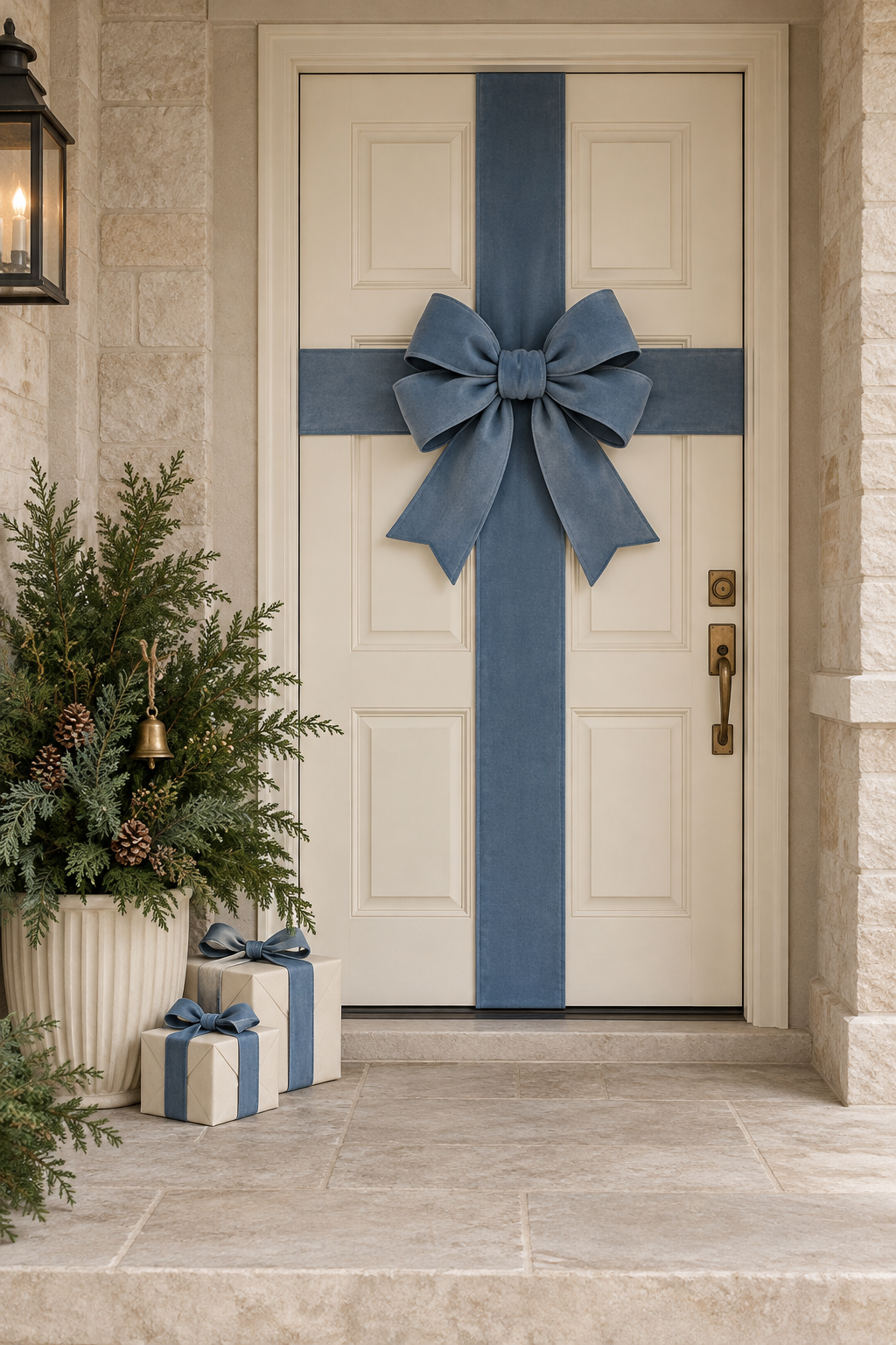 Ivory front door crossed with blue ribbon and bow, beside evergreen greenery and gift boxes.