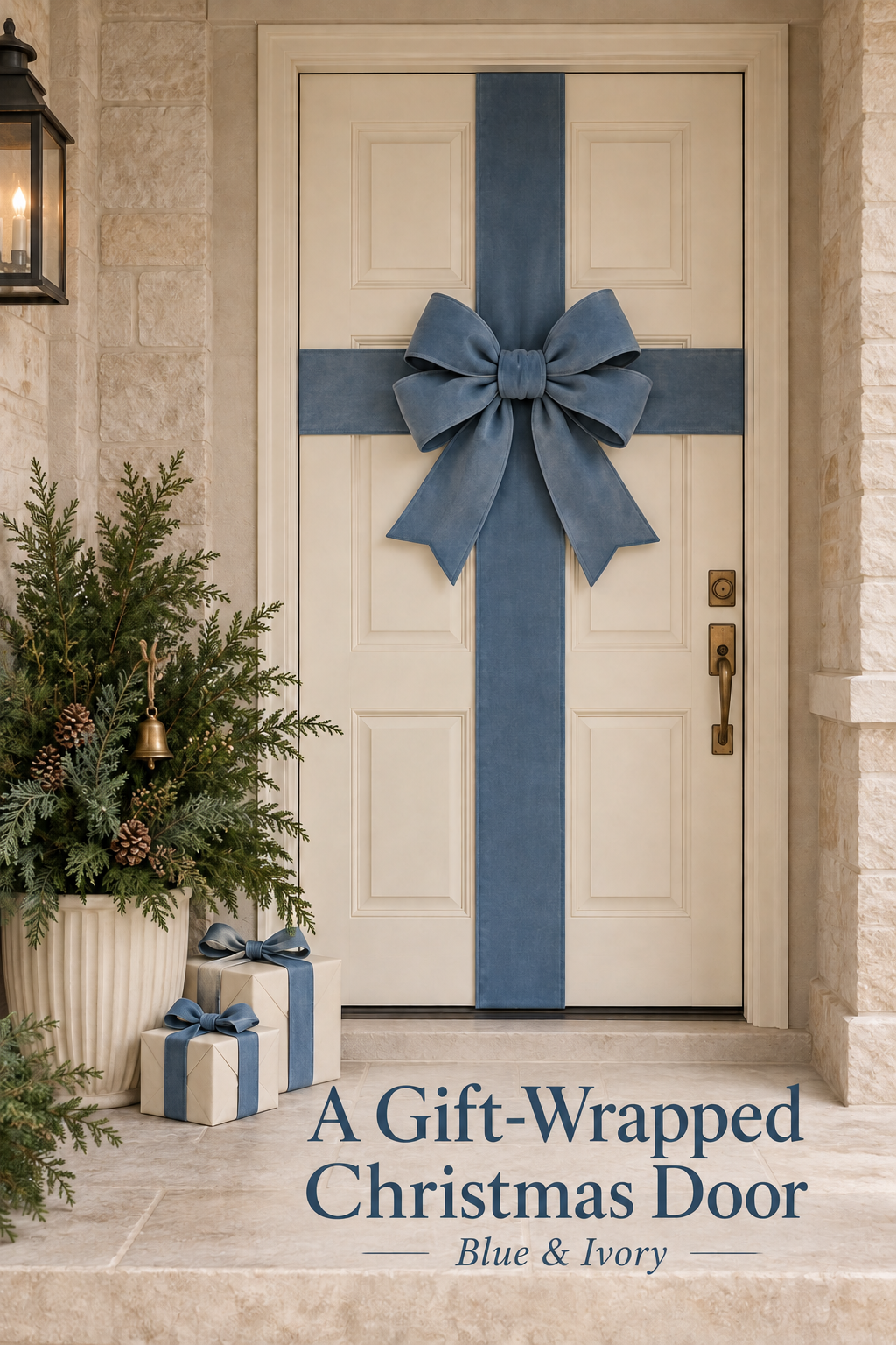 Ivory front door crossed with blue ribbon and bow, beside evergreen greenery and gift boxes.