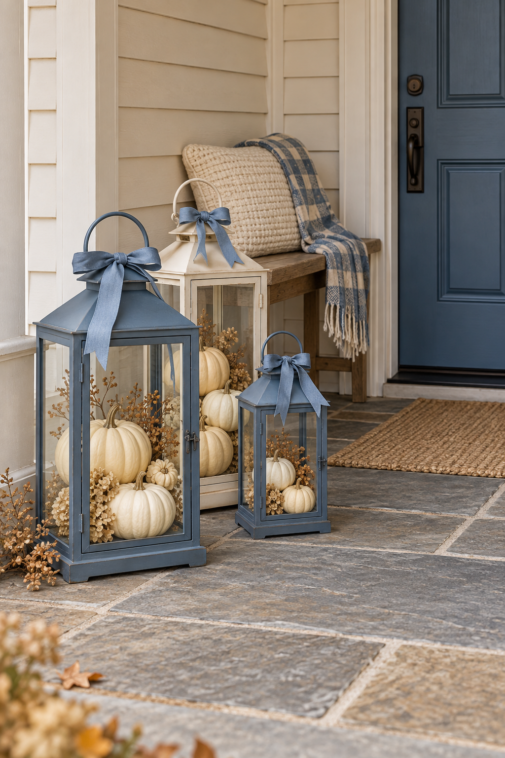 Blue and ivory lanterns hold cream pumpkins beside a porch bench and blue front door.