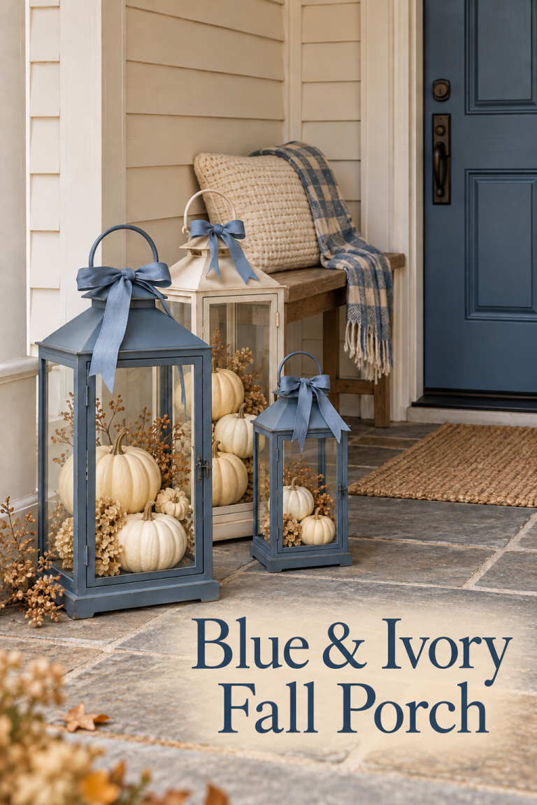 Blue and ivory lanterns hold cream pumpkins beside a porch bench and blue front door.