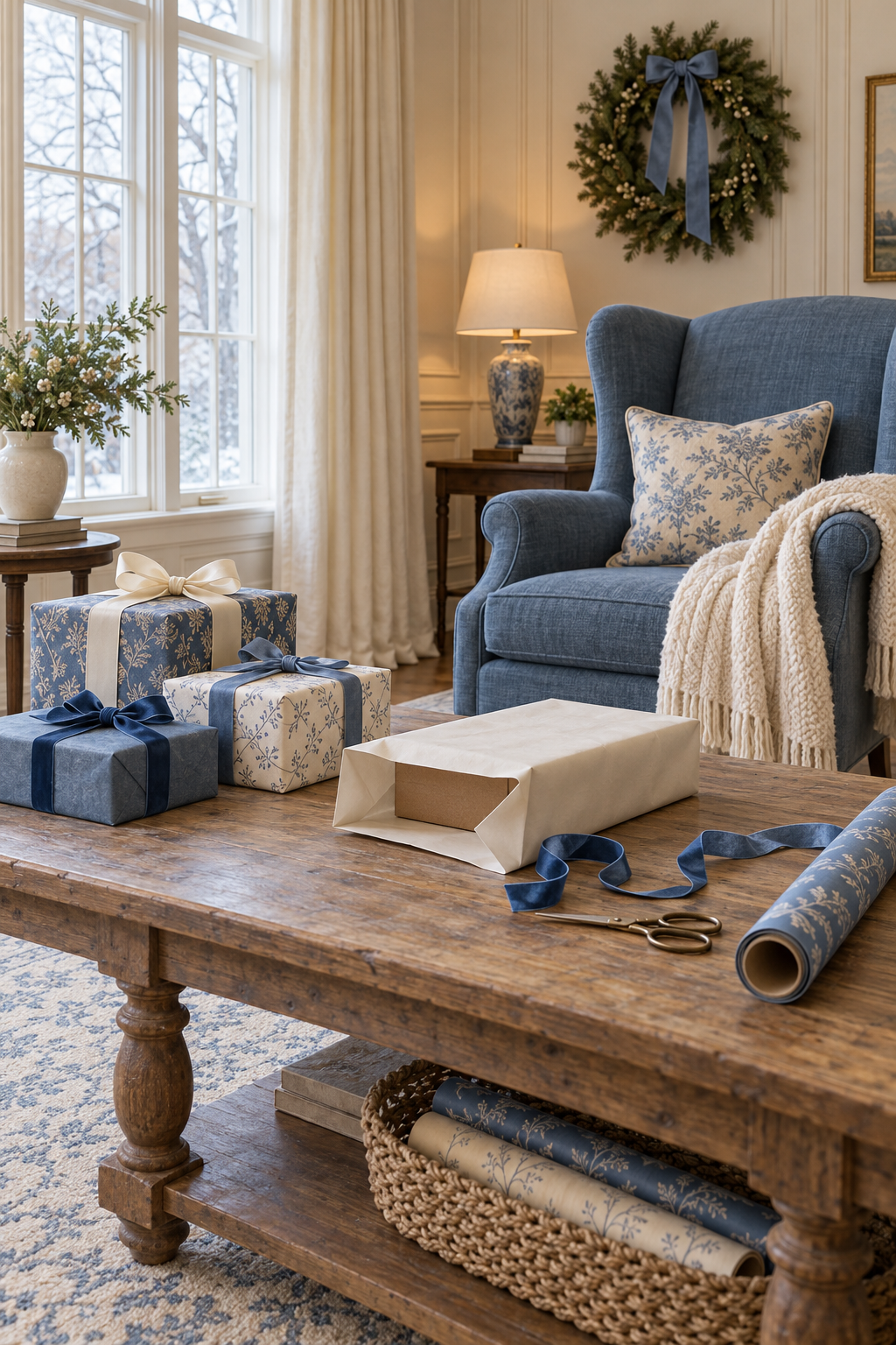 Blue and ivory Christmas gifts and wrapping supplies on a table beside a blue armchair.