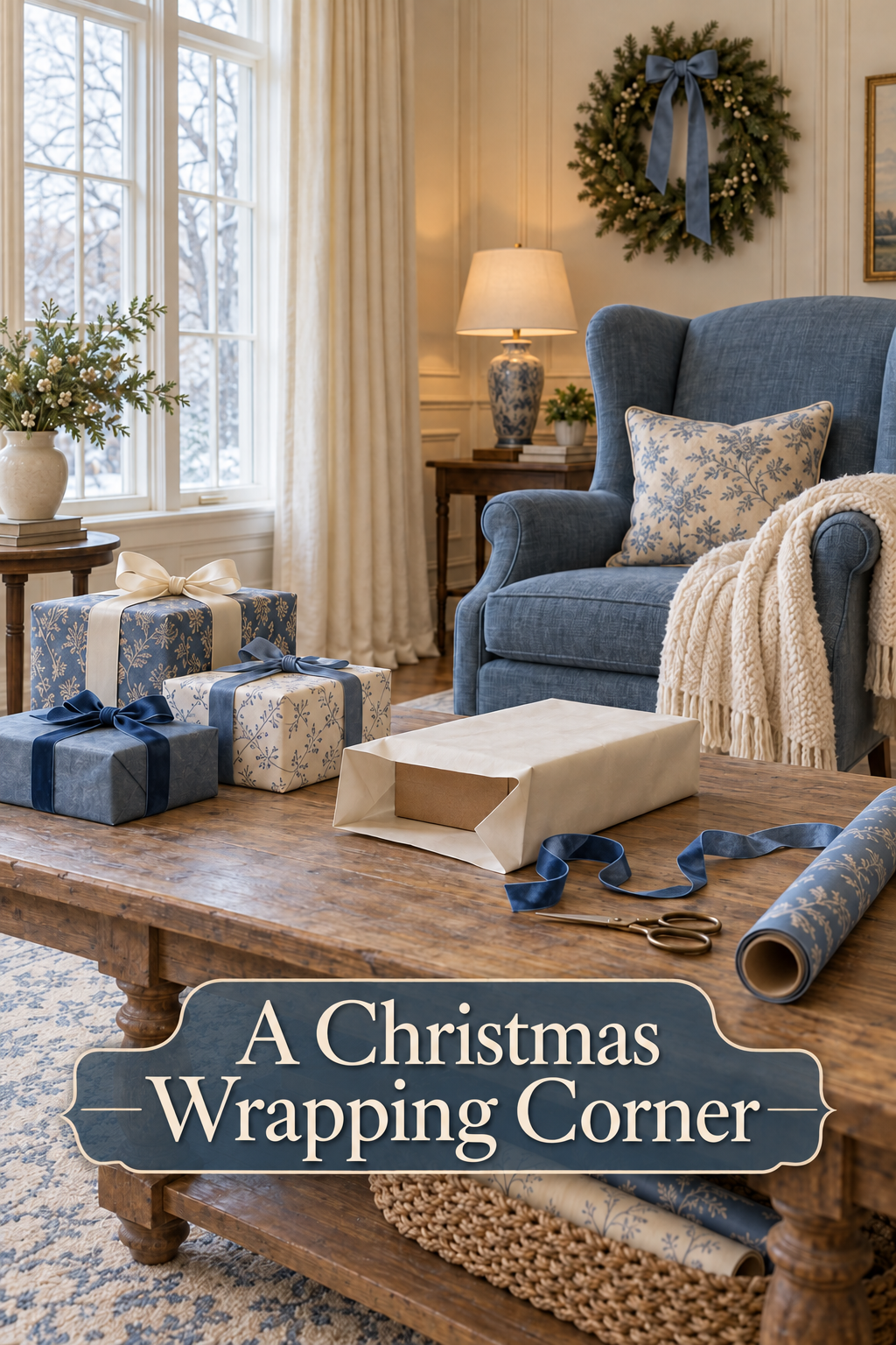Blue and ivory Christmas gifts and wrapping supplies on a table beside a blue armchair.