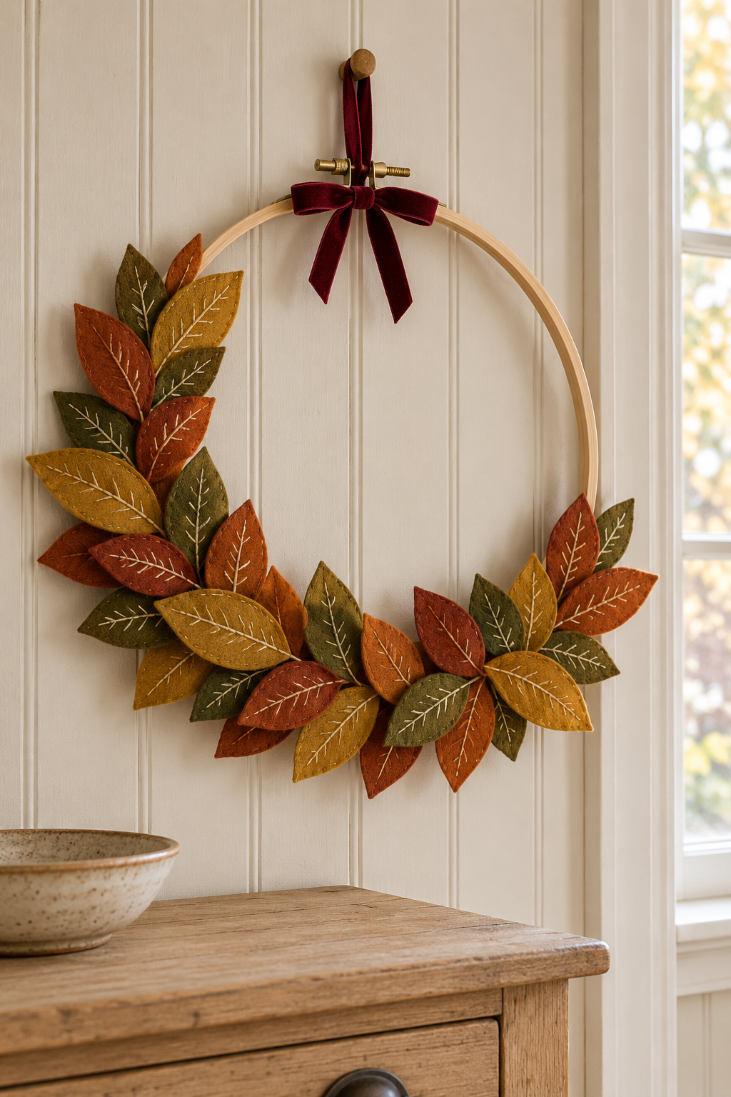 Rust, ochre, and olive felt leaf wreath with cream stitches and a burgundy bow on an ivory wall.
