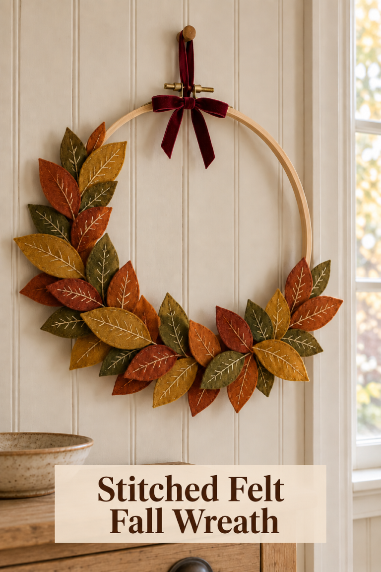 Rust, ochre, and olive felt leaf wreath with cream stitches and a burgundy bow on an ivory wall.
