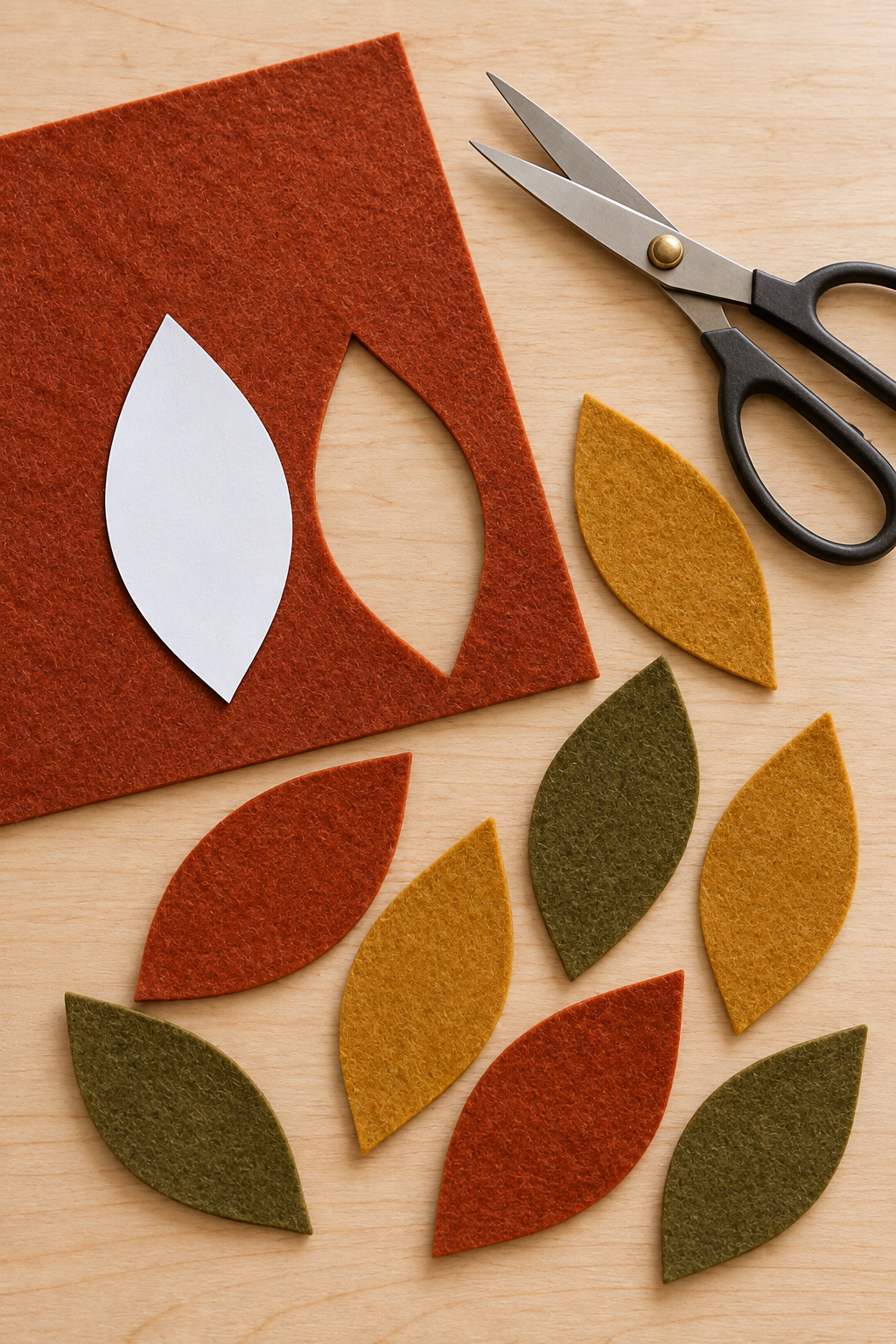 Paper leaf pattern on rust felt beside cut ochre and olive leaves and fabric scissors.