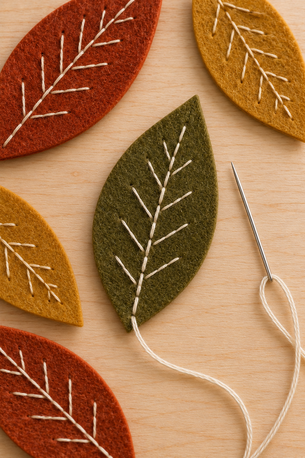 Cream stitched veins on an olive felt leaf, with a threaded needle and other leaves nearby.