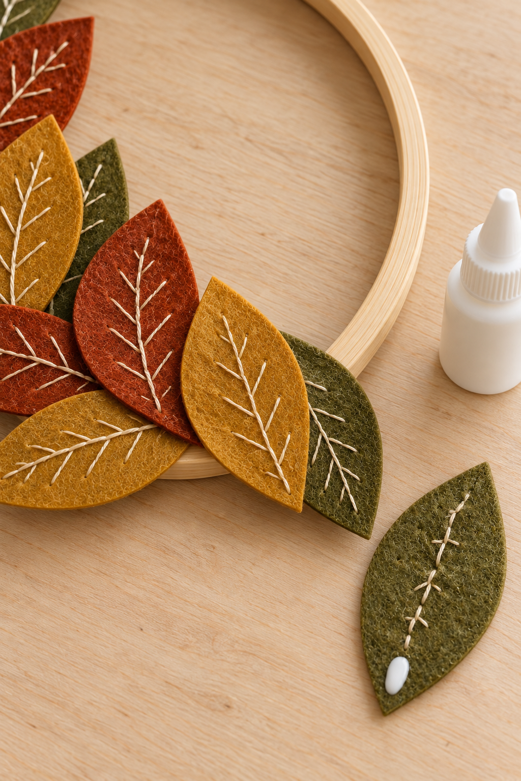 Stitched felt leaves overlapping a wooden hoop beside a loose leaf with glue at its base.