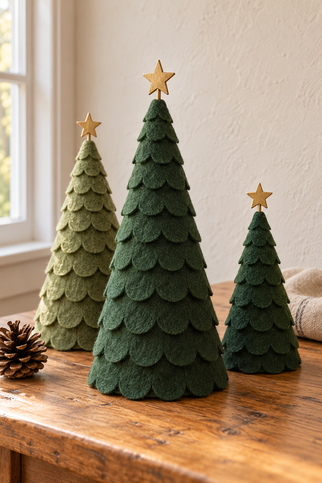 Scalloped green felt Christmas trees with gold stars on a wooden table beside a window.