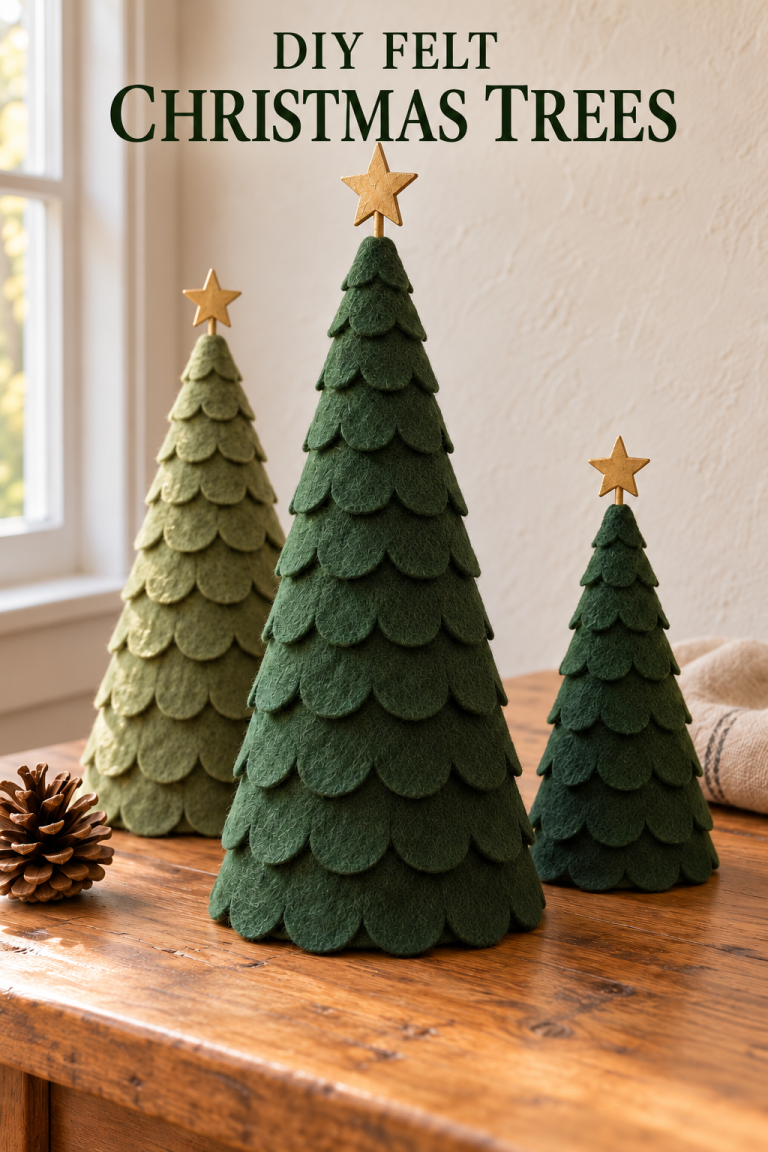 Scalloped green felt Christmas trees with gold stars on a wooden table beside a window.