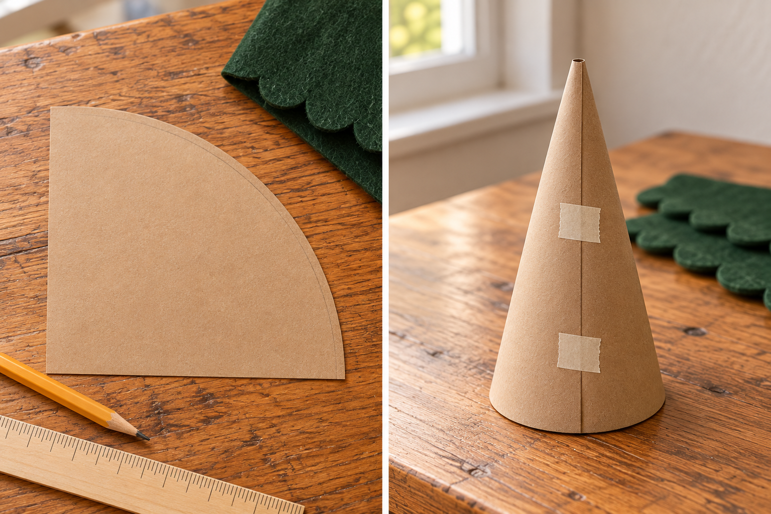Two panels showing a cardstock sector template and a taped cone for a felt Christmas tree.