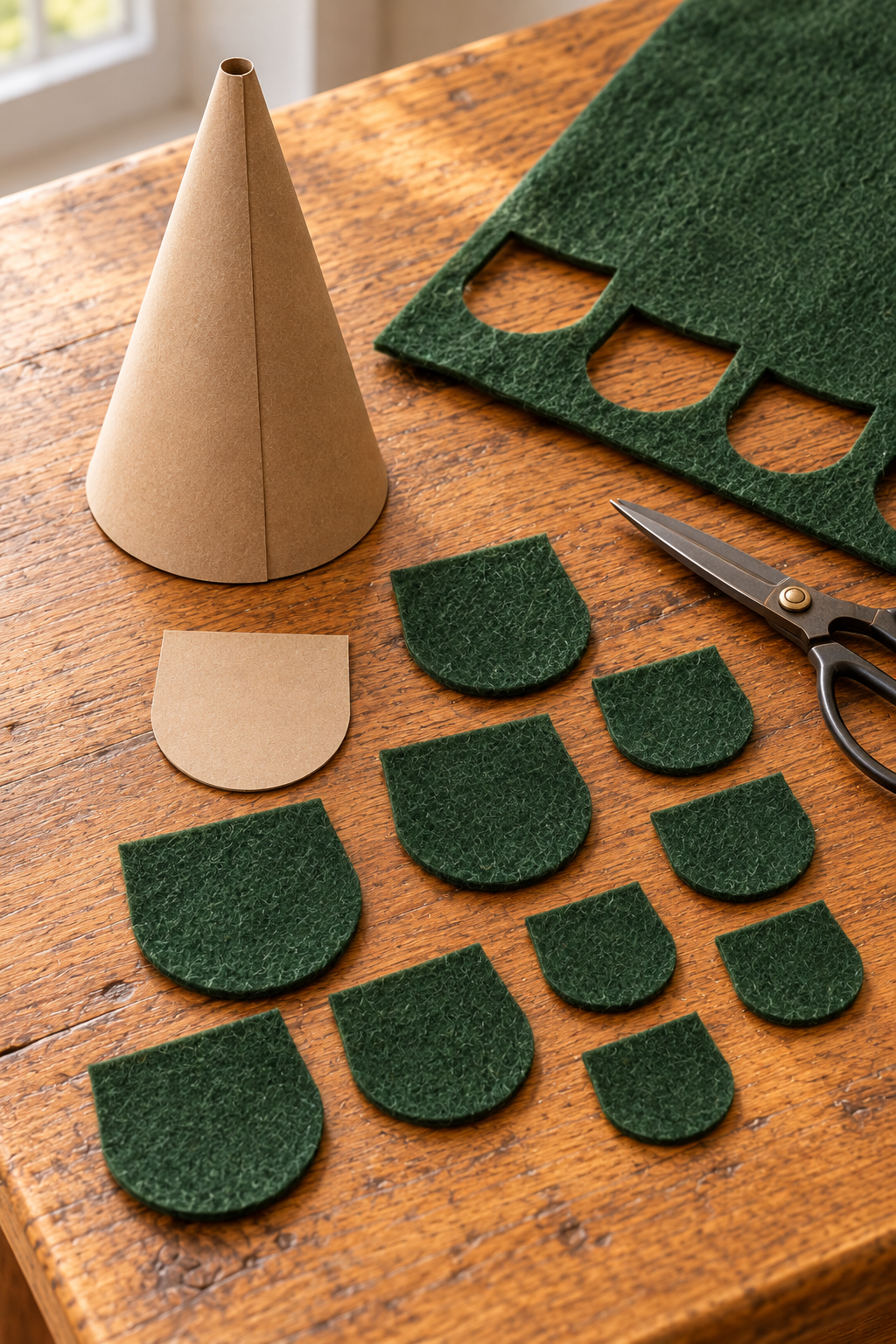 Rounded green felt pieces beside a paper template, scissors, and a cardstock cone.