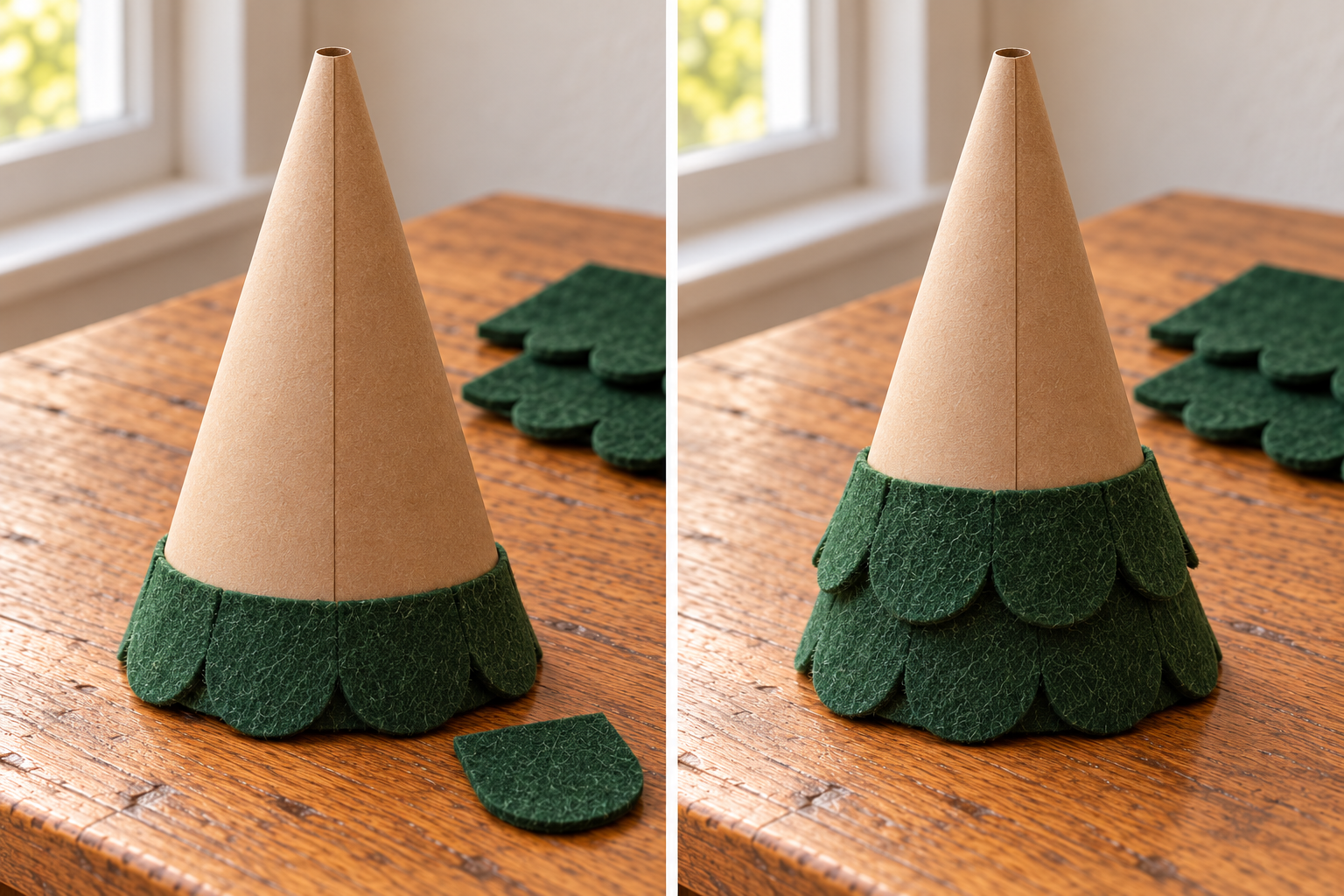 Two panels showing one and two overlapping rows of green felt around a cardstock cone.