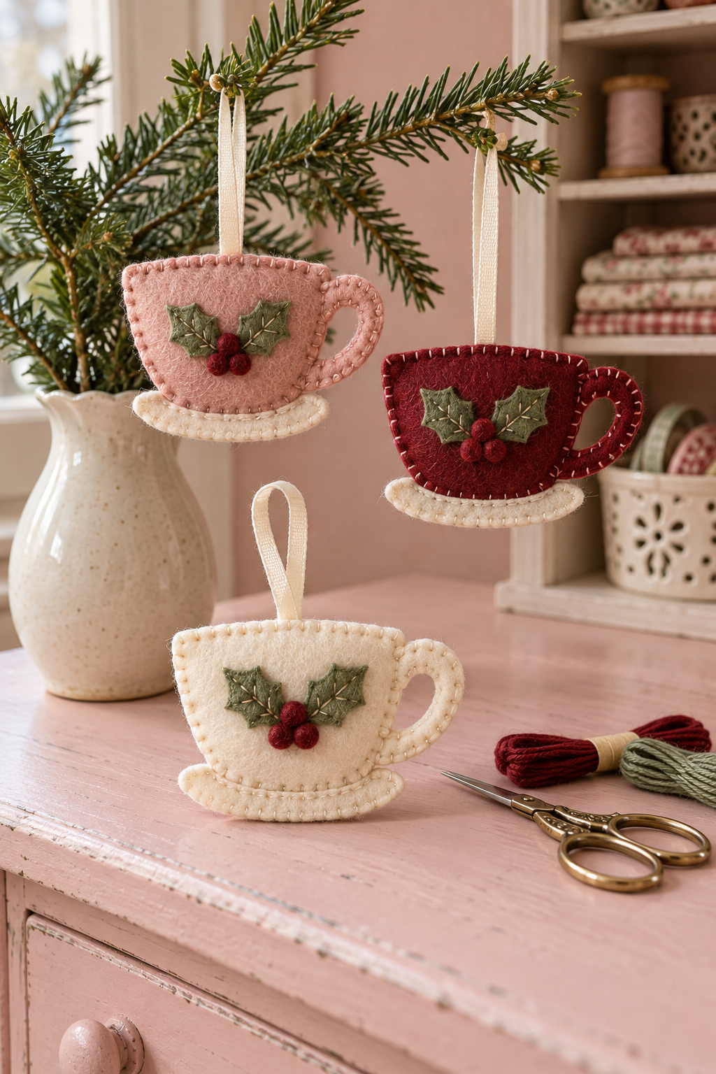 Felt teacup Christmas ornaments in rose, burgundy and cream with holly and stitched saucers.