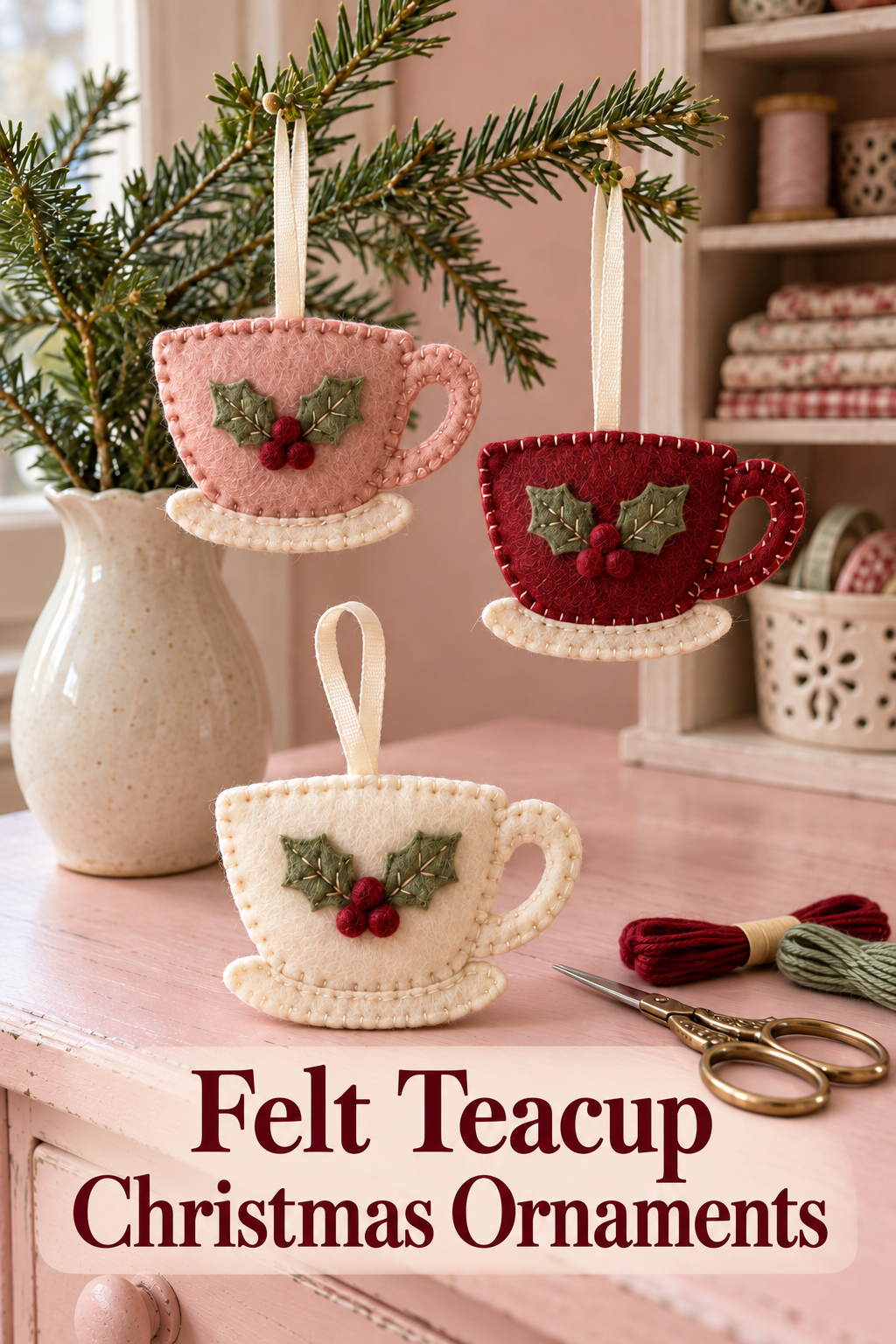 Felt teacup Christmas ornaments in rose, burgundy and cream with holly and stitched saucers.
