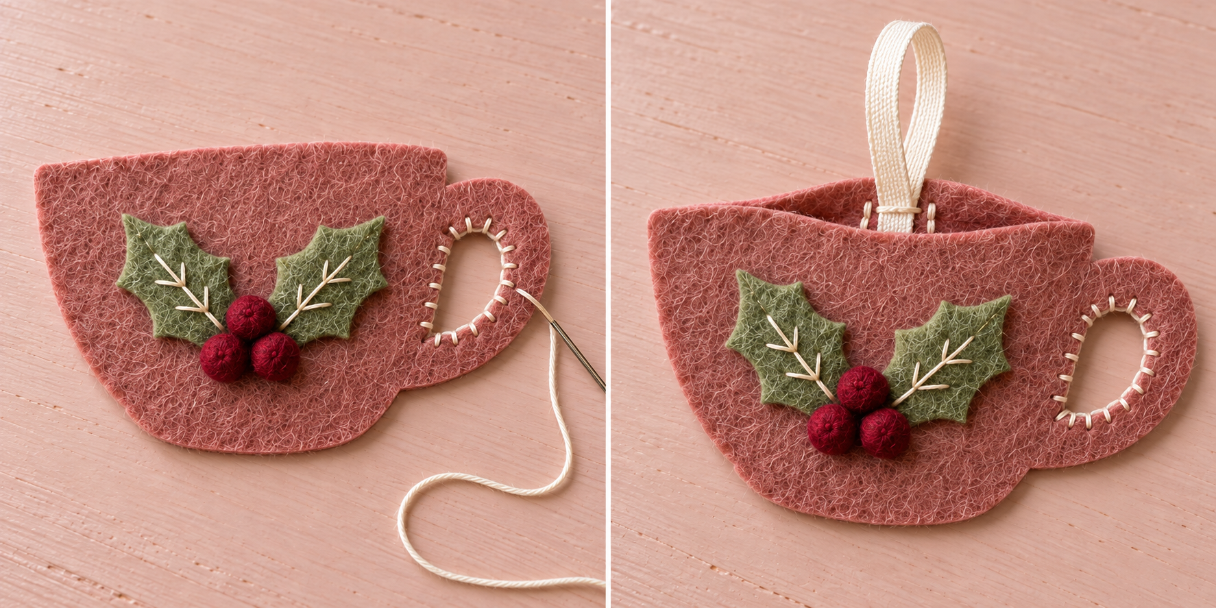 Handle seams and a cream ribbon loop secured between two rose felt cup layers.
