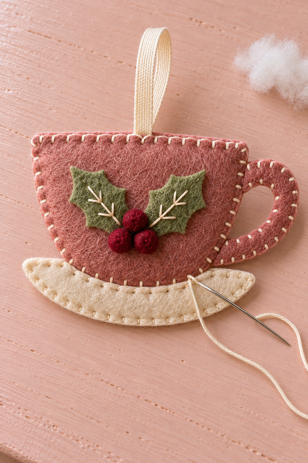 A cream felt saucer being stitched onto the lower edge of a padded rose teacup.