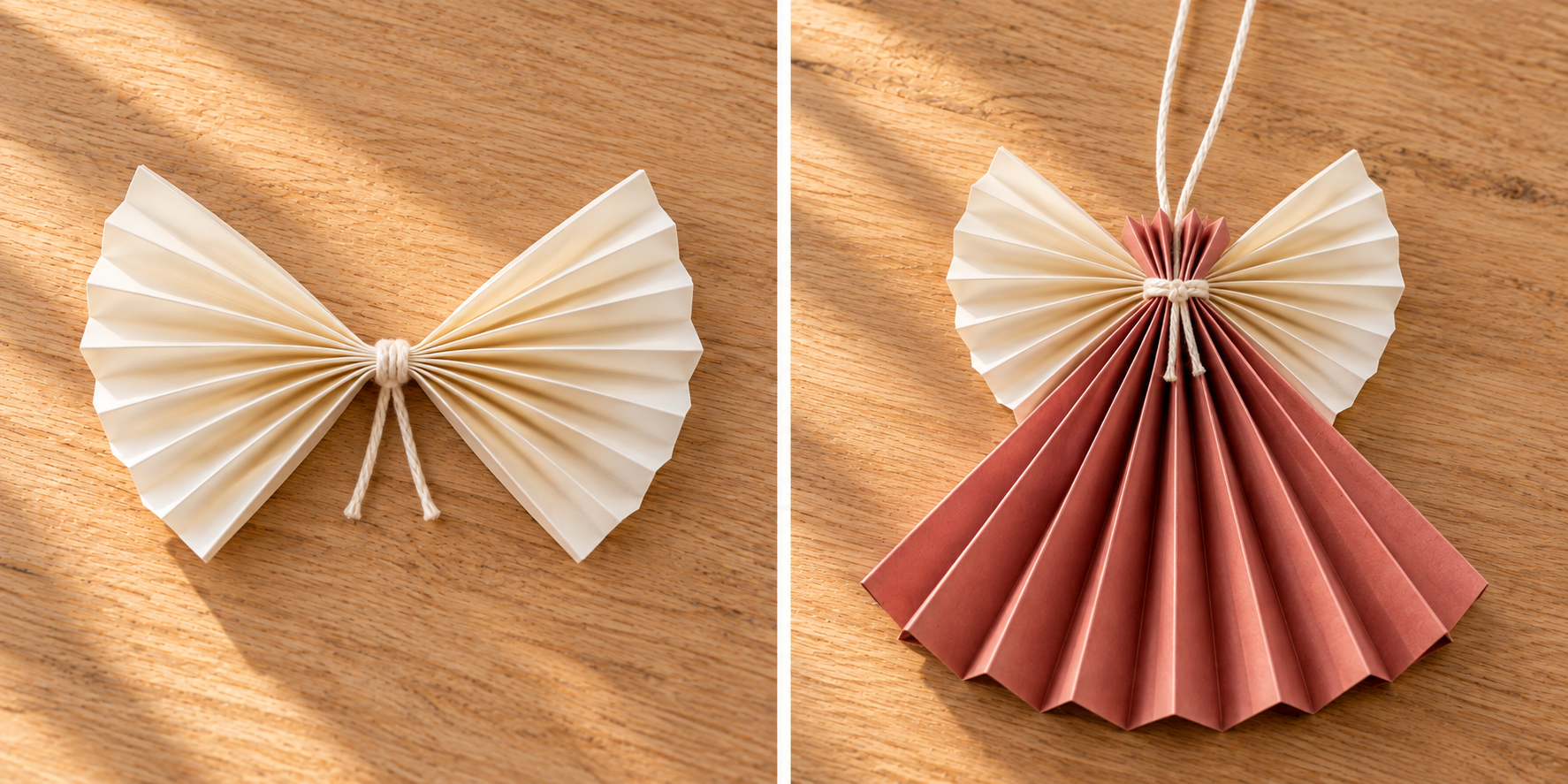 Two panels show cream fan wings tied at the center, then joined to a rose paper skirt.