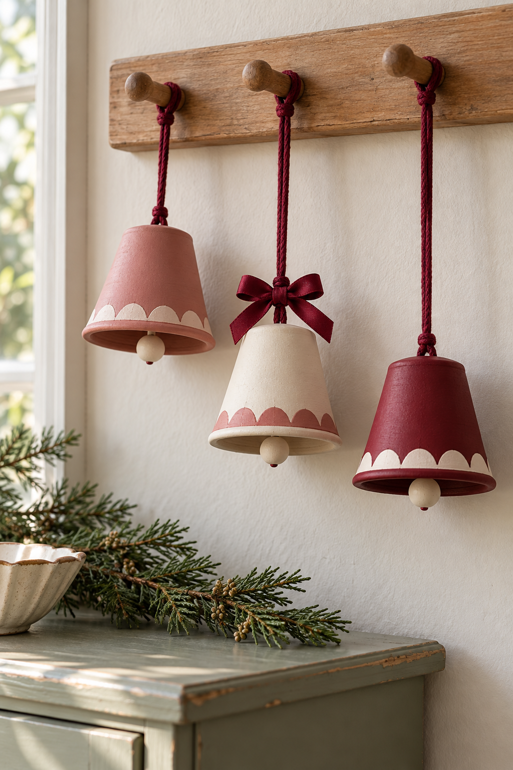 Rose, cream and burgundy clay bell ornaments with scalloped borders hang from a peg rail.