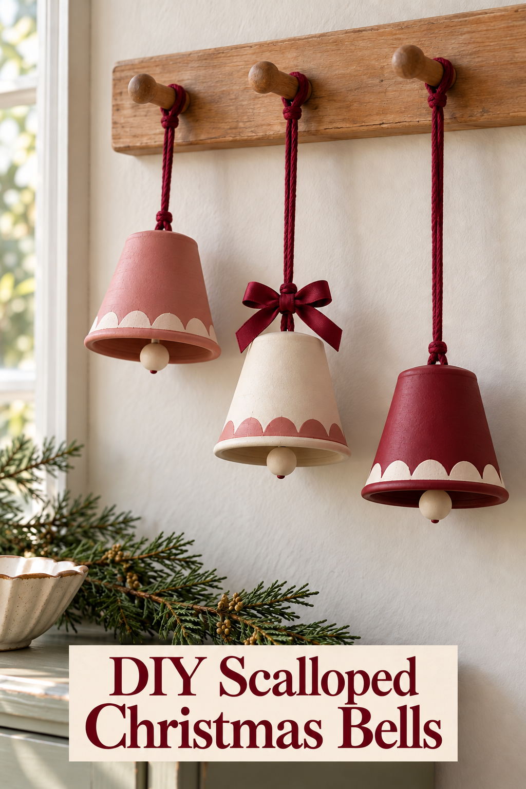 Rose, cream and burgundy clay bell ornaments with scalloped borders hang from a peg rail.