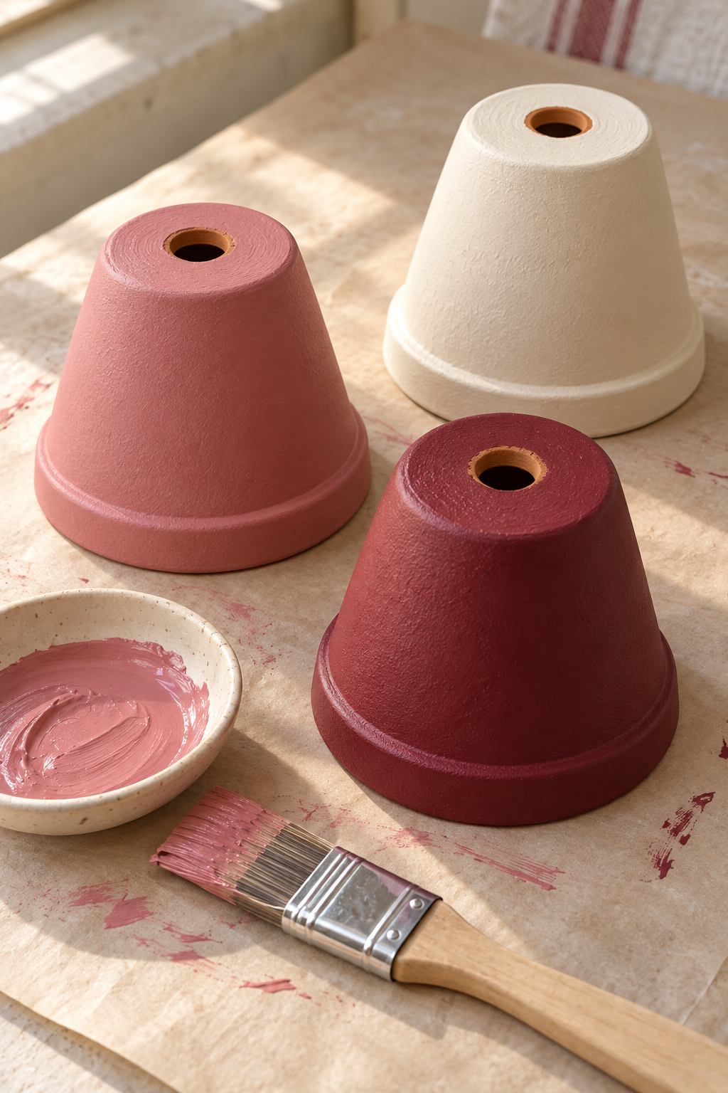 Rose, cream and burgundy inverted clay pots with open drainage holes on a work surface.