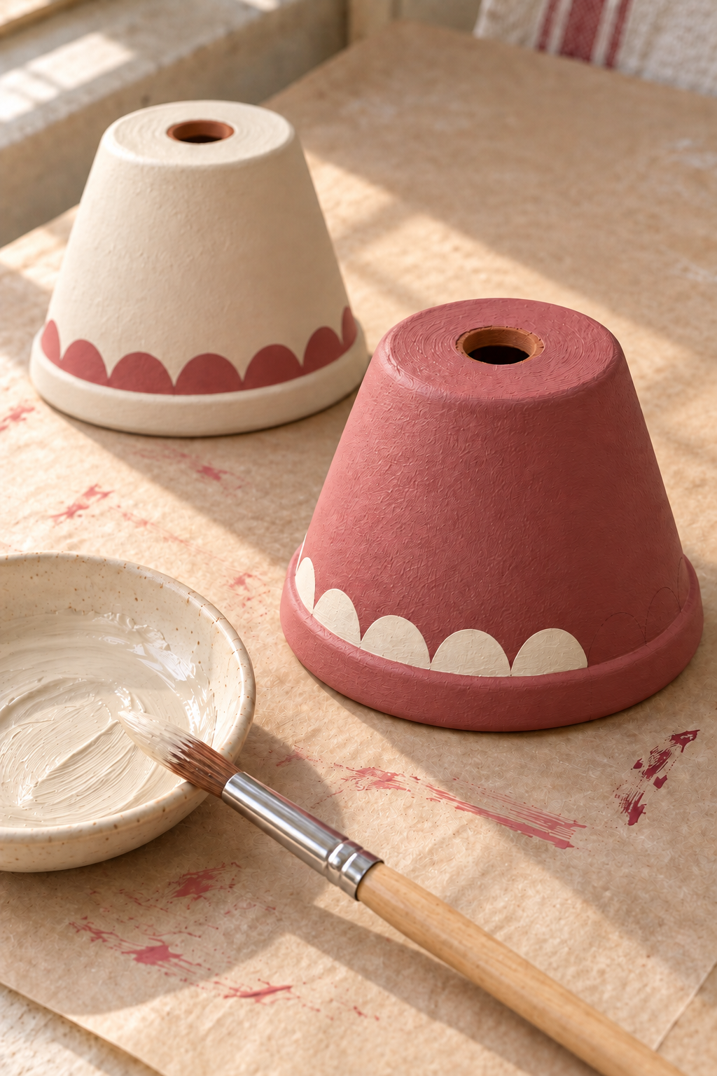 A rose clay pot has a partly painted cream scallop border above its rose rolled rim.