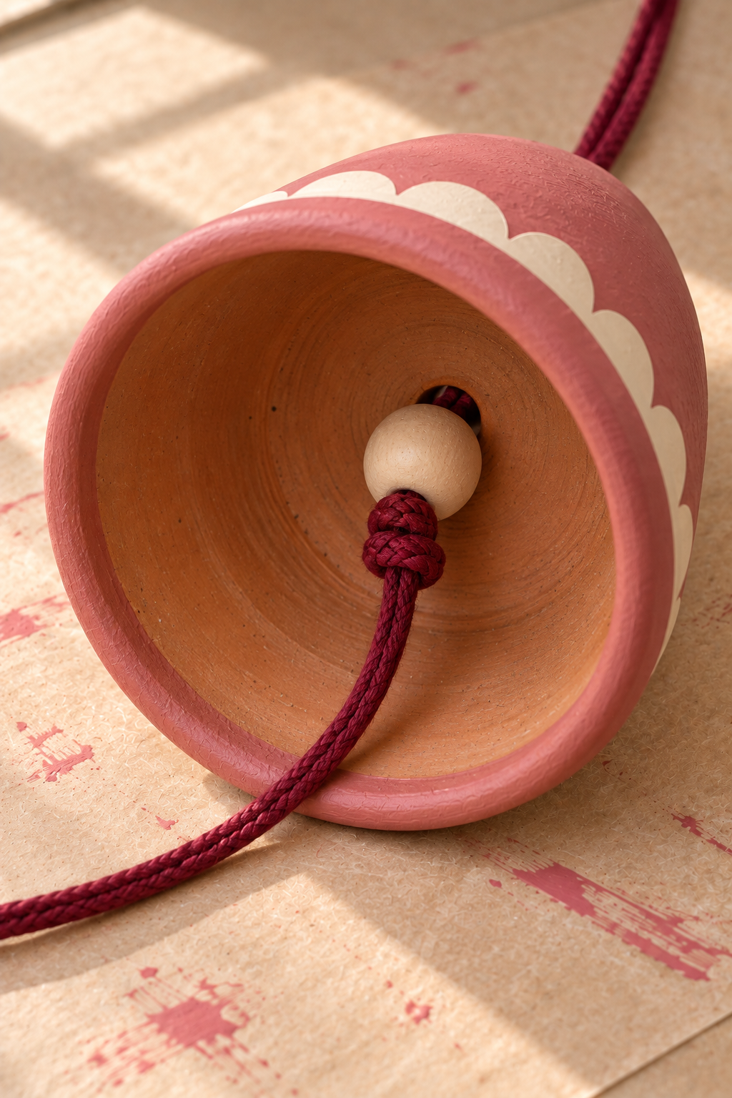 A wooden stopper bead and burgundy cord knots sit inside a scalloped rose clay pot.