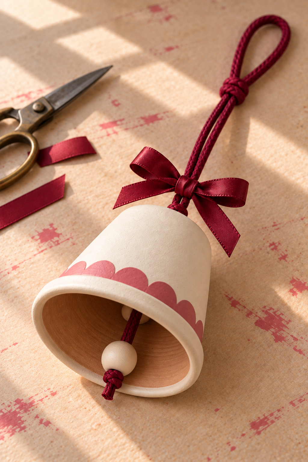 A cream clay bell with a bead clapper, satin bow and knotted burgundy hanging loop.