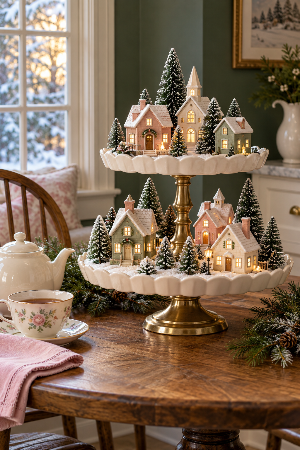 Pastel Christmas village and snowy trees on a scalloped tiered stand beside a floral teacup.