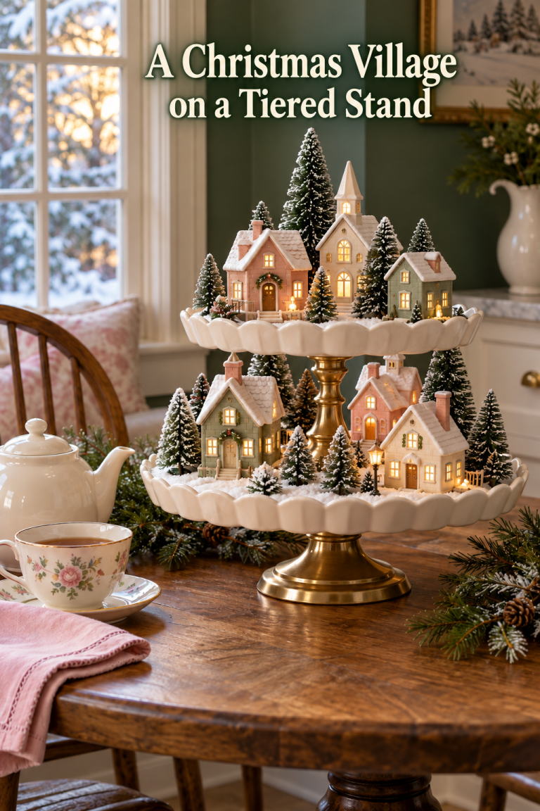 Pastel Christmas village and snowy trees on a scalloped tiered stand beside a floral teacup.