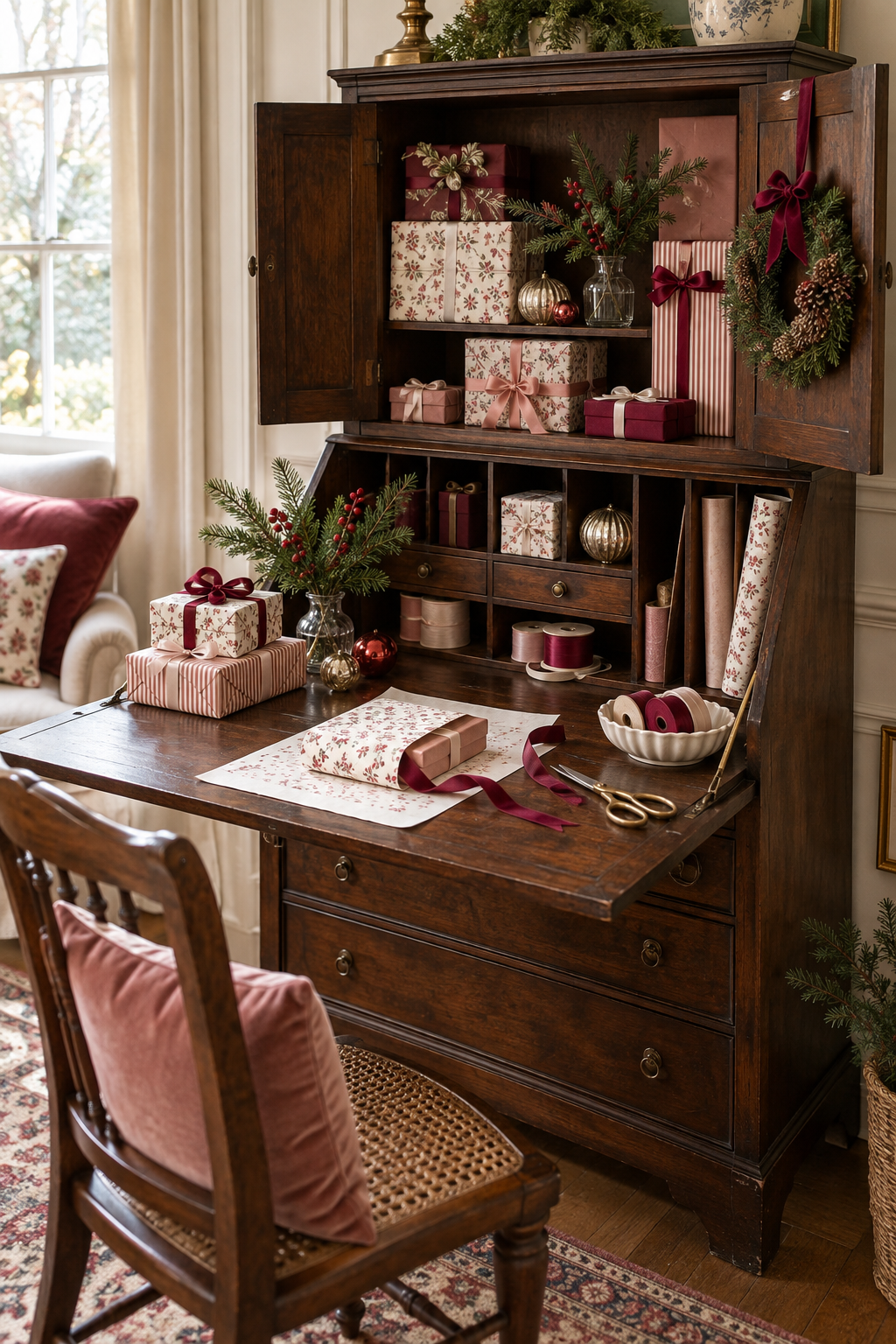Floral Christmas gifts and burgundy ribbon on a wood secretary desk with greenery.