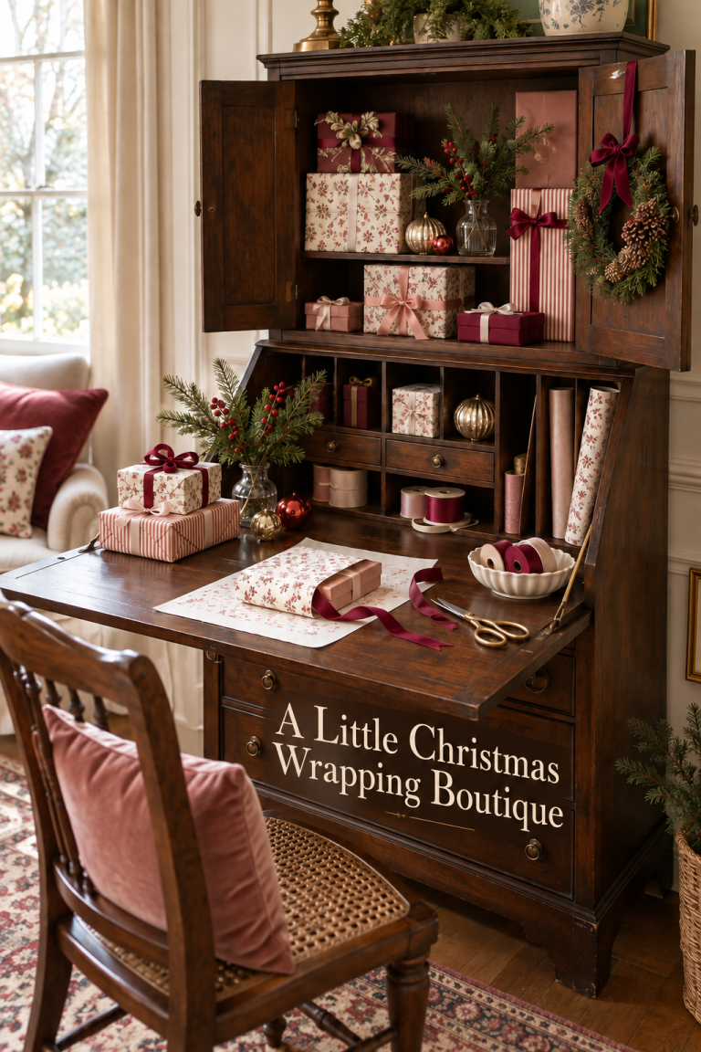 Floral Christmas gifts and burgundy ribbon on a wood secretary desk with greenery.
