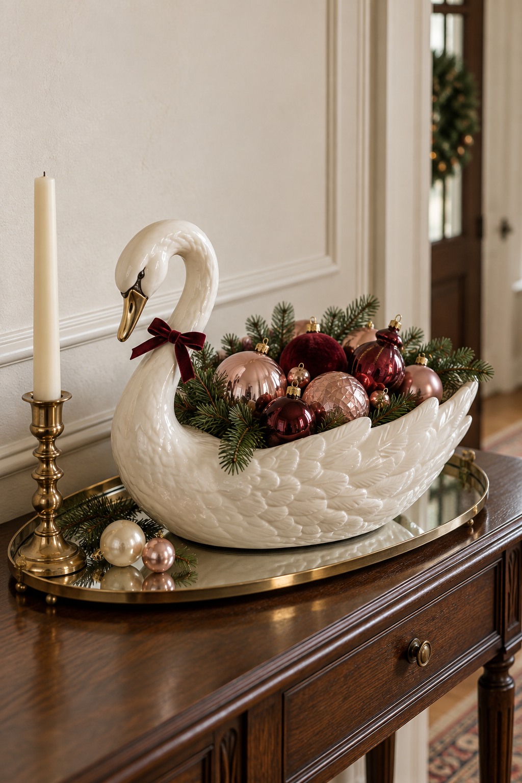 White swan bowl with pink and burgundy Christmas ornaments on a mirrored console tray.