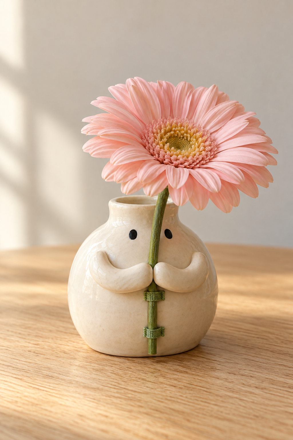 Little ivory vase with black eyes and rounded arms hugging the stem of a big pink daisy.